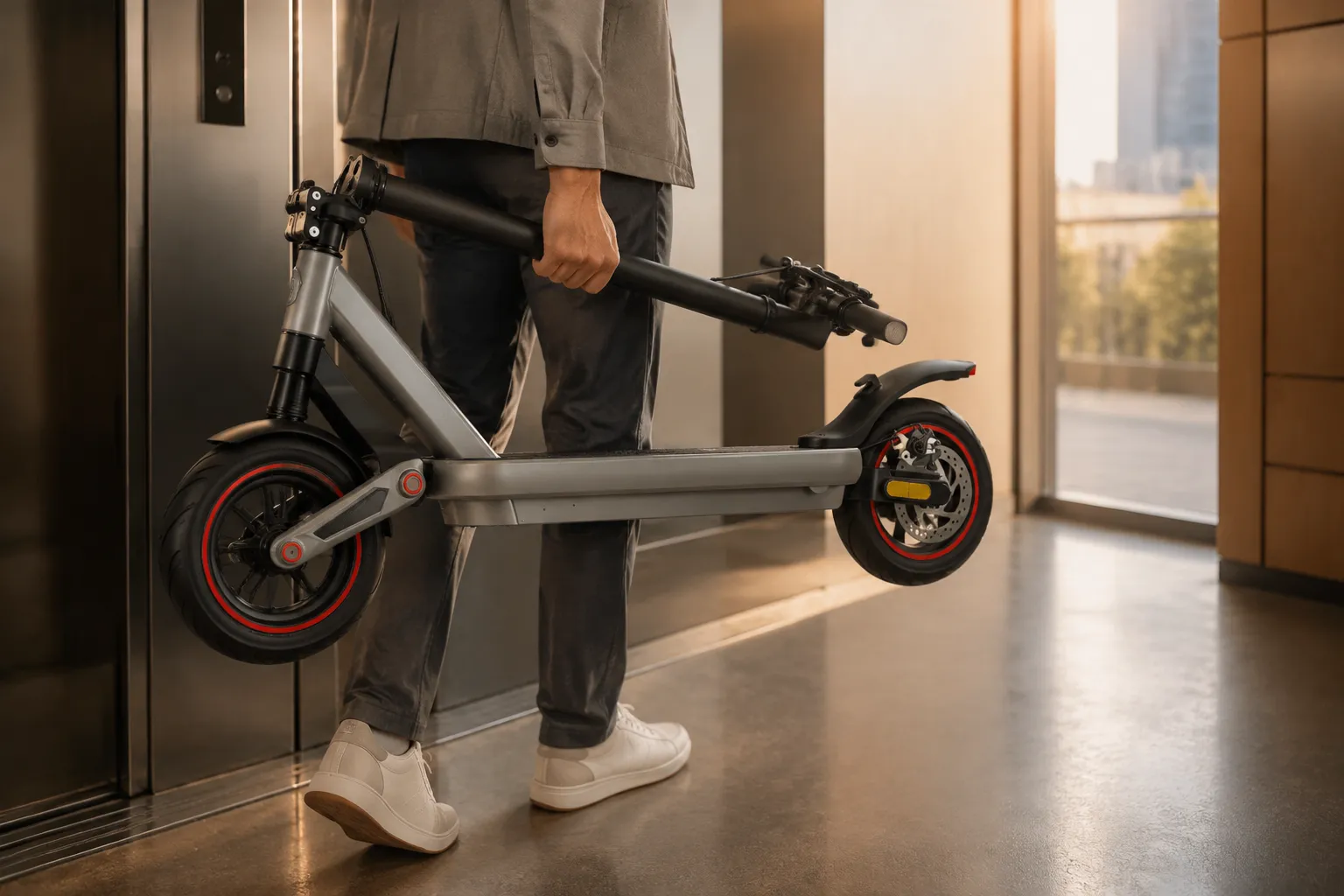 A commuter carrying a folded Zwheel ZSA Plus near an elevator