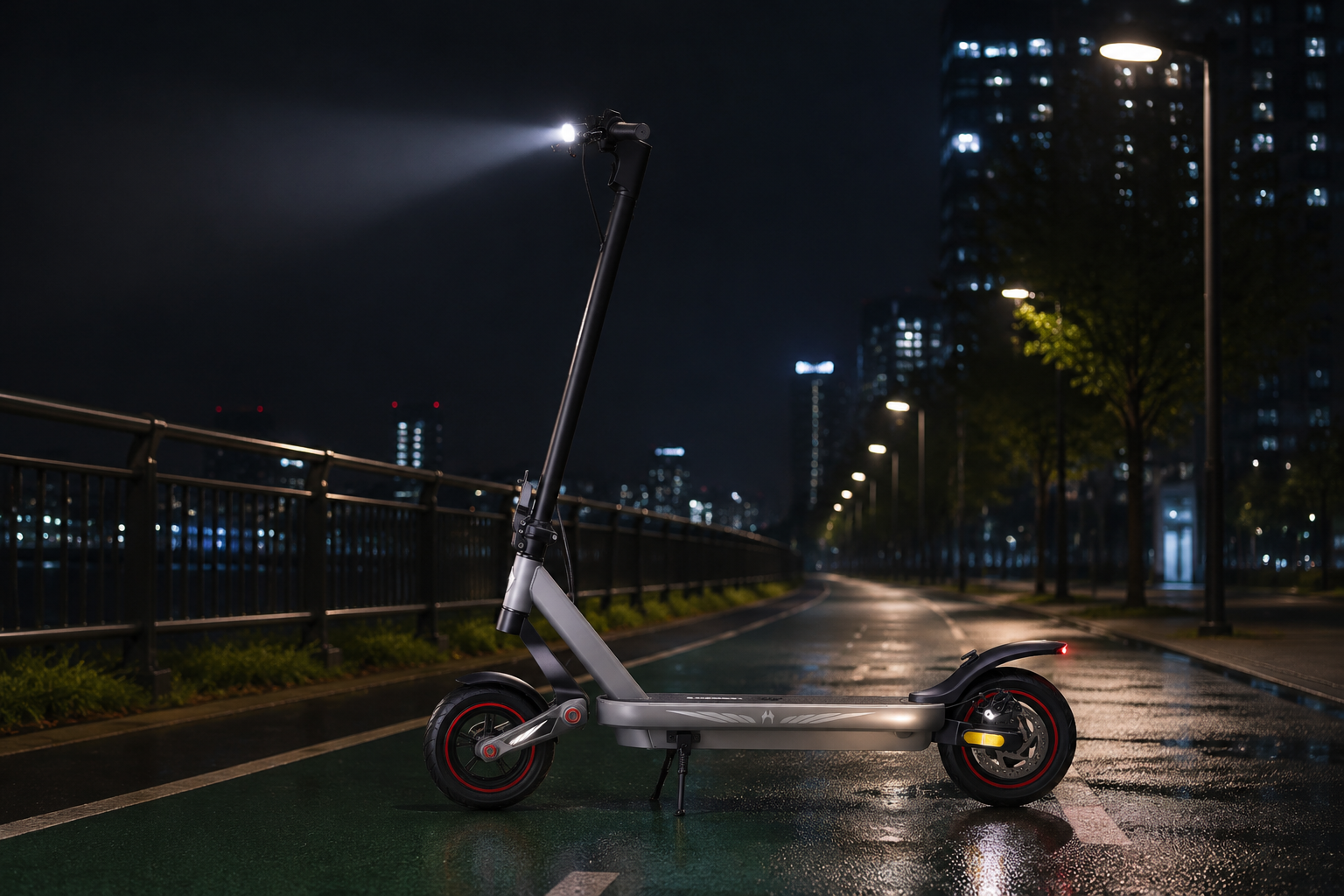 ZSA Plus parked at night with headlight and rear light visible