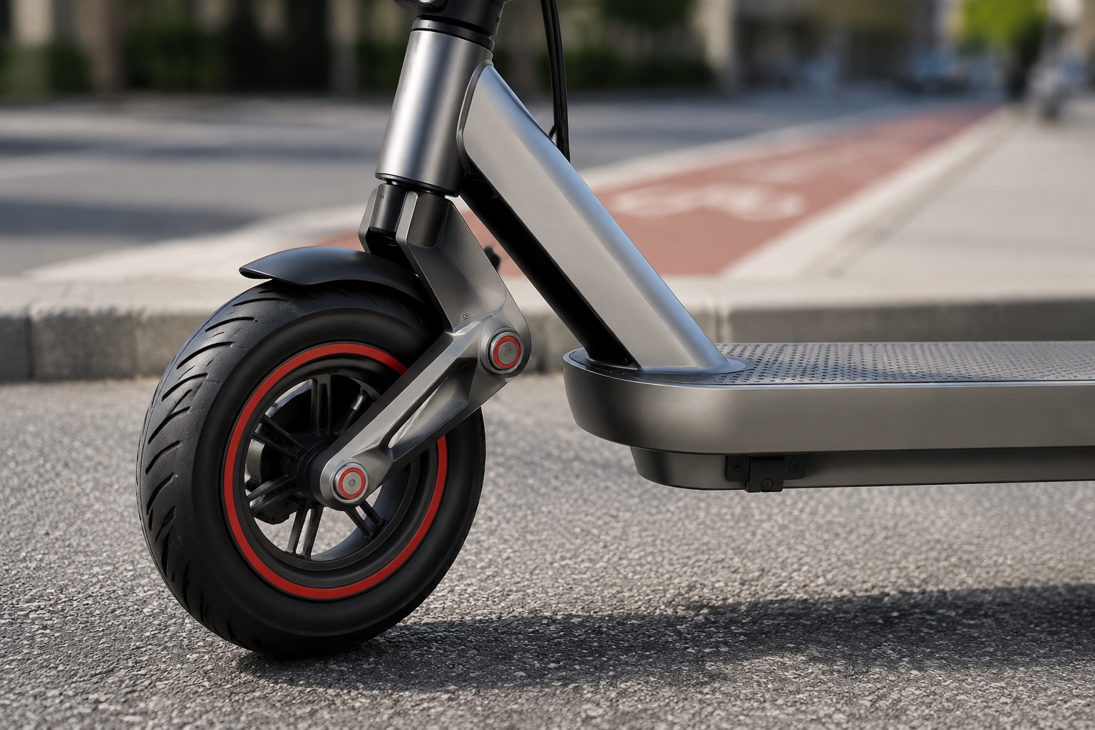 Close-up of ZSA Plus front swing-arm suspension and 10-inch road tire