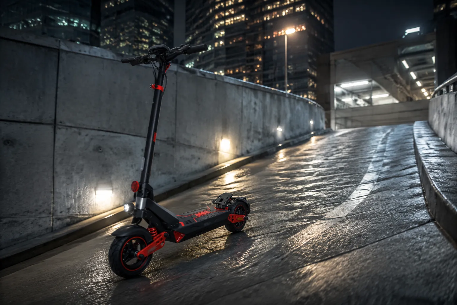 D3S-S electric scooter climbing a wet urban ramp