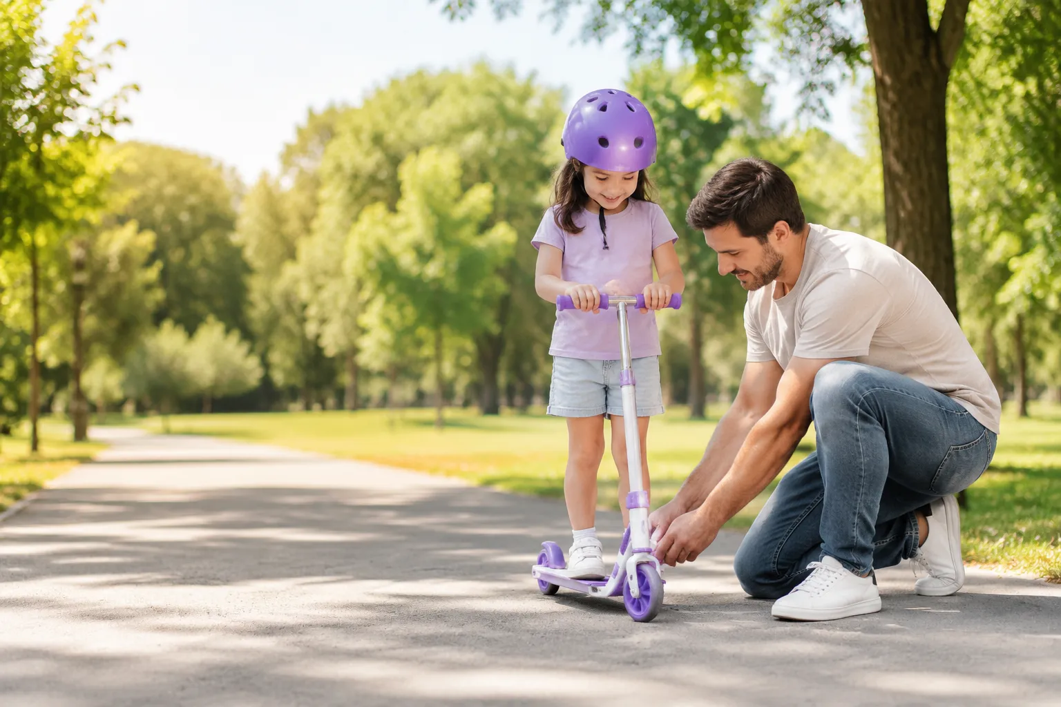 Parent checking a child rider on a kids scooter