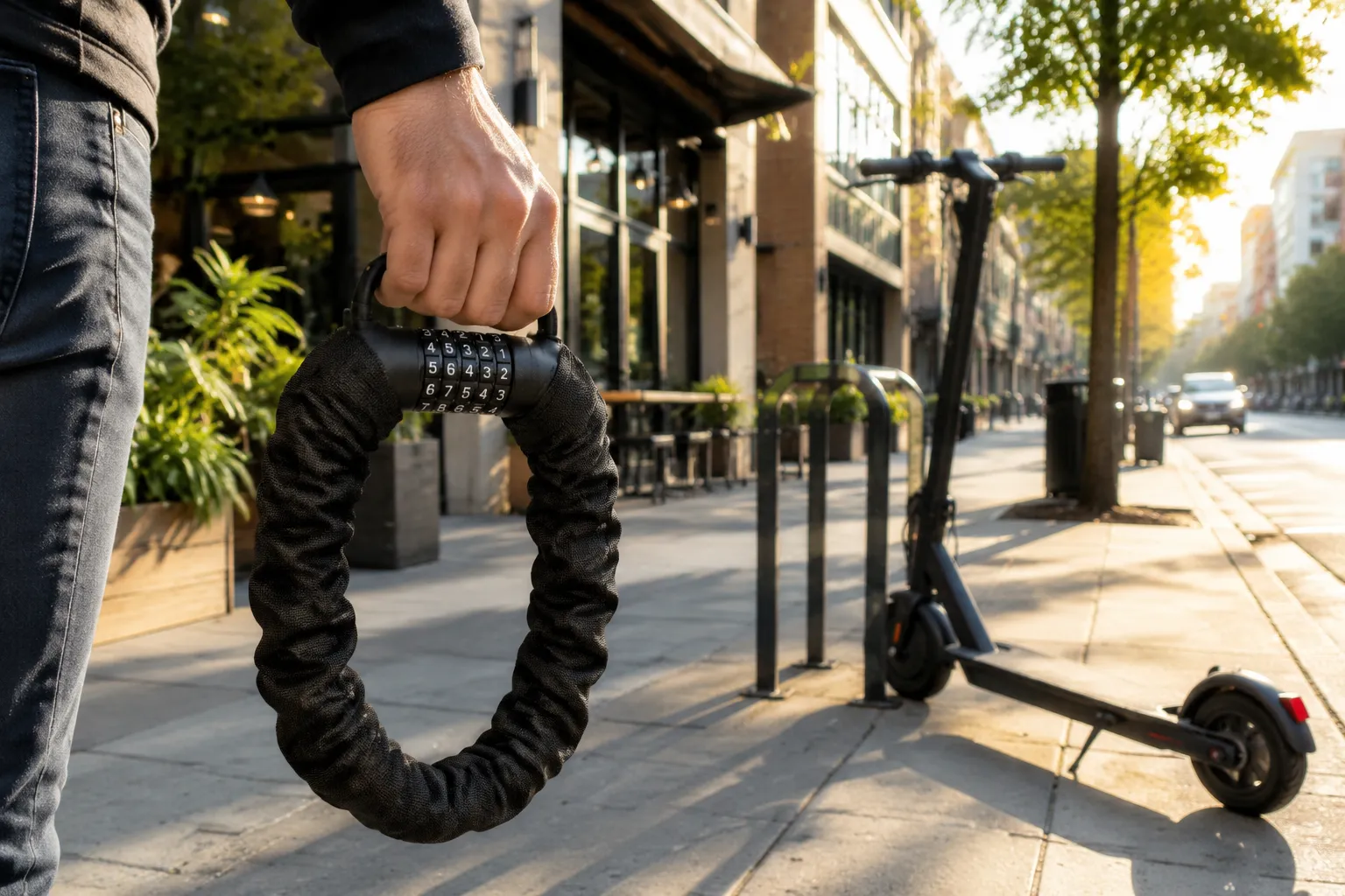 Commuter carrying chain lock walking toward electric scooter