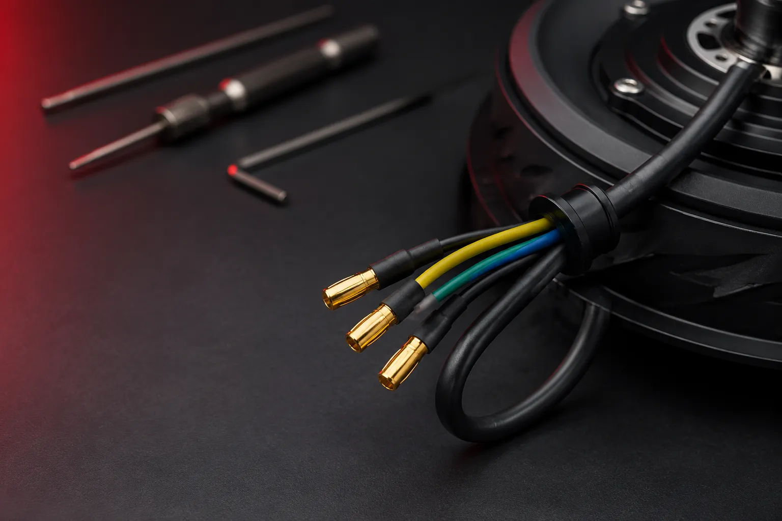 Close-up of gold motor connectors and color-coded wires