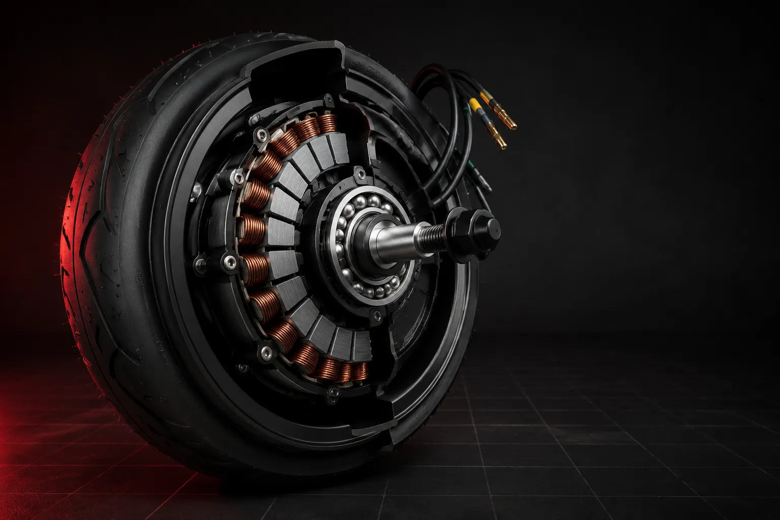 Cutaway view of a black hub motor with copper windings