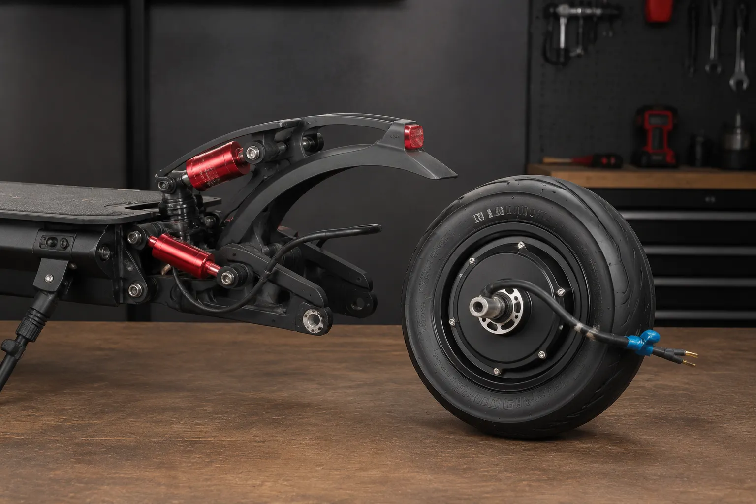 ZSE2 replacement hub motor aligned near a rear scooter assembly