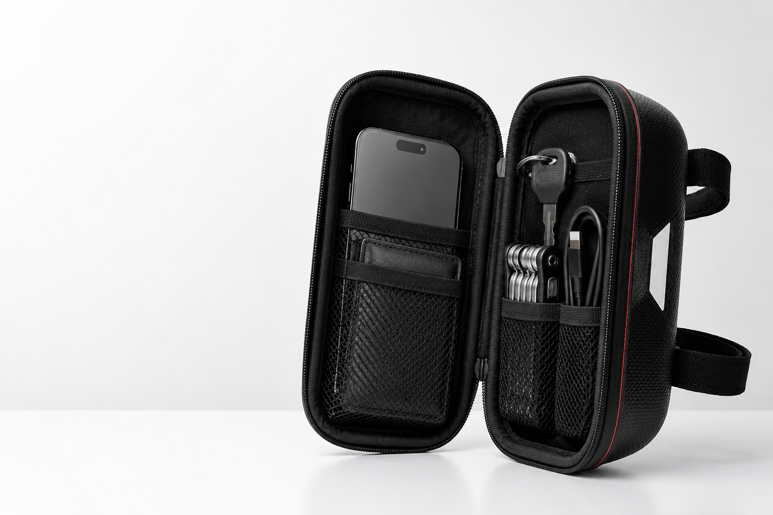 Open scooter bag with phone, wallet, keys, tools, and cable organized inside