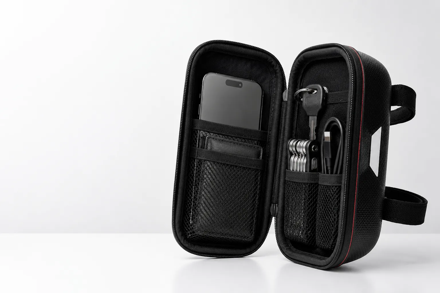 Open scooter bag with phone, wallet, keys, tools, and cable organized inside