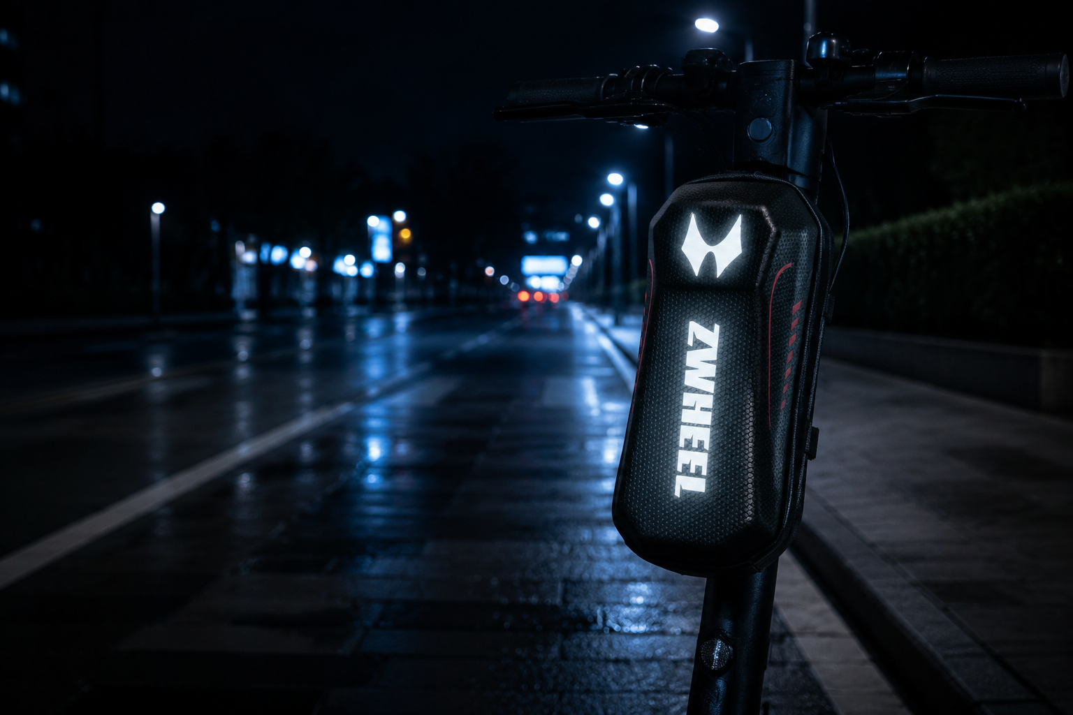 ZWHEEL scooter bag reflecting light at night on a scooter stem