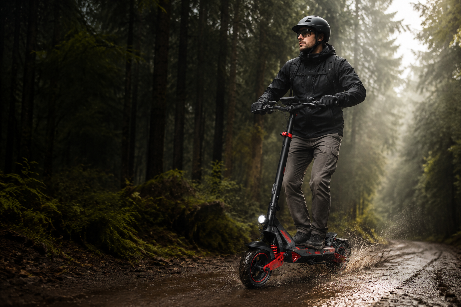 Adult rider on a Zwheel ZSB1 scooter on a wet forest trail