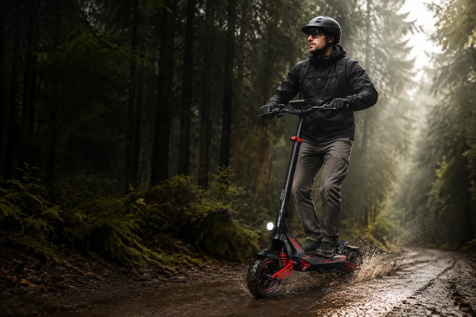 Adult rider on a Zwheel ZSB1 scooter on a wet forest trail