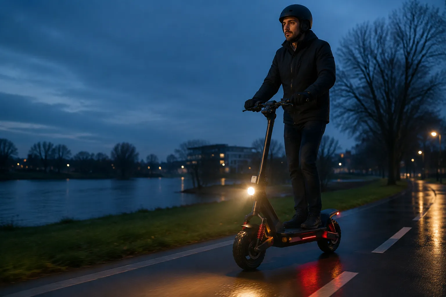 ZSB1 rider using headlight on a wet bike lane at blue hour