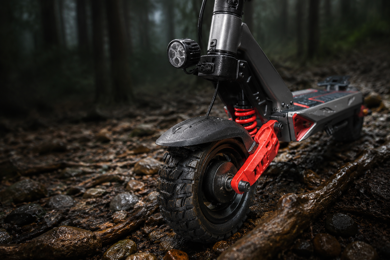 ZSB1 off-road tire and spring suspension close-up on wet gravel