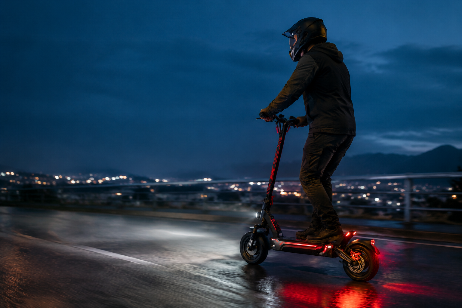 ZSD1 rider at night with headlight beam and red reflections