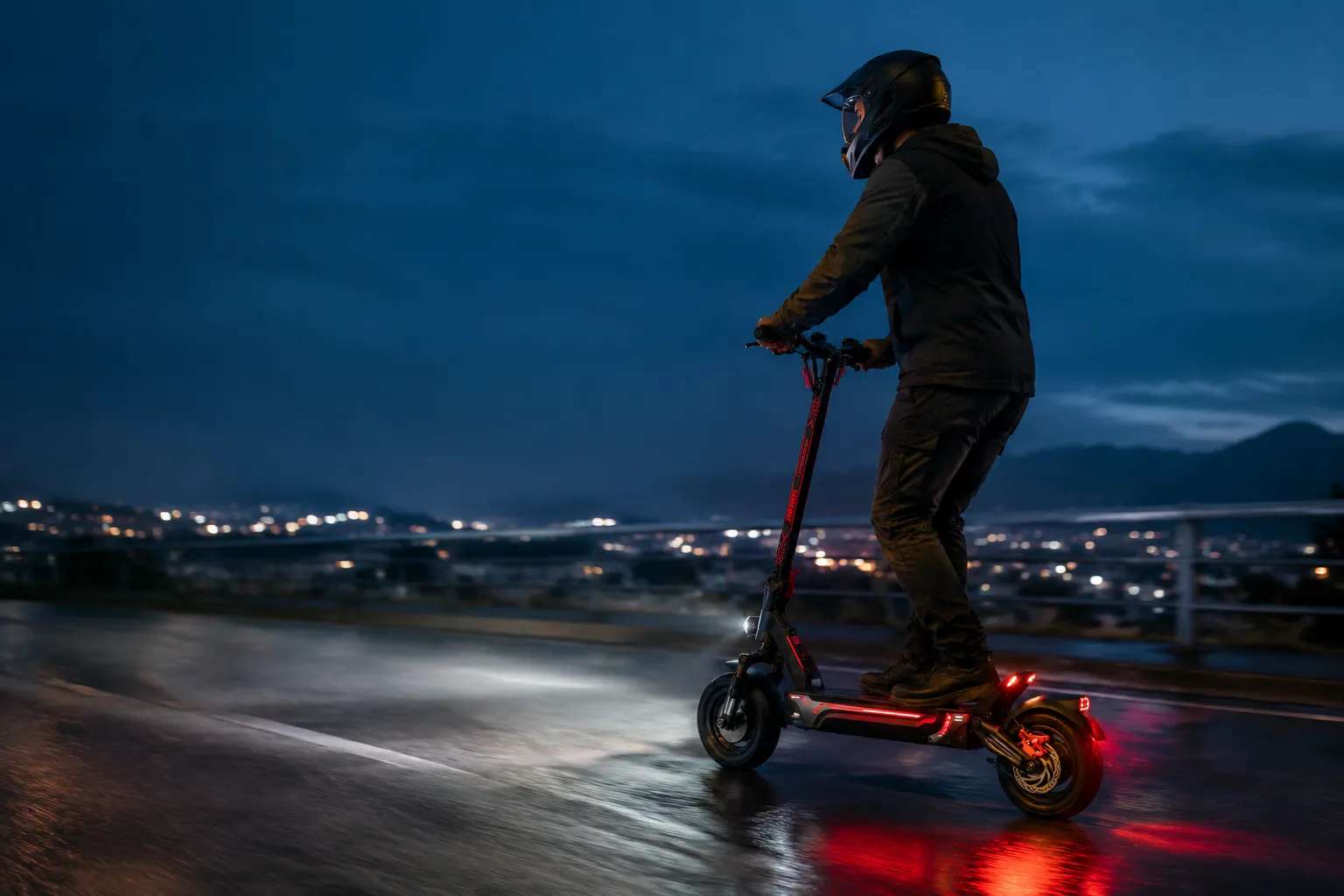 ZSD1 rider at night with headlight beam and red reflections