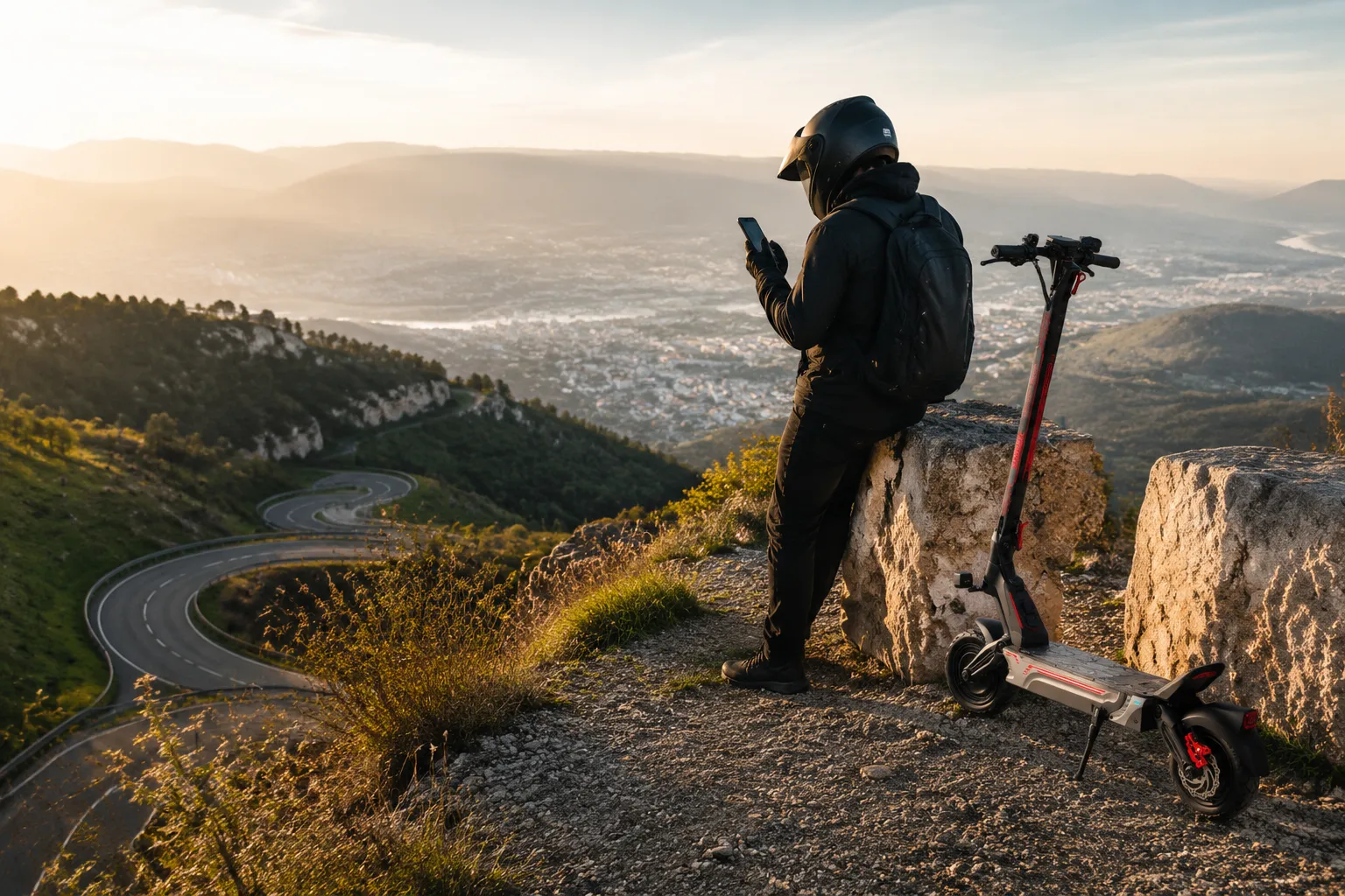 ZSD1 scooter parked at a mountain overlook after a long ride